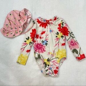 Floral long sleeve rash guard pool beach 18/24 months, zip front, reversible hat